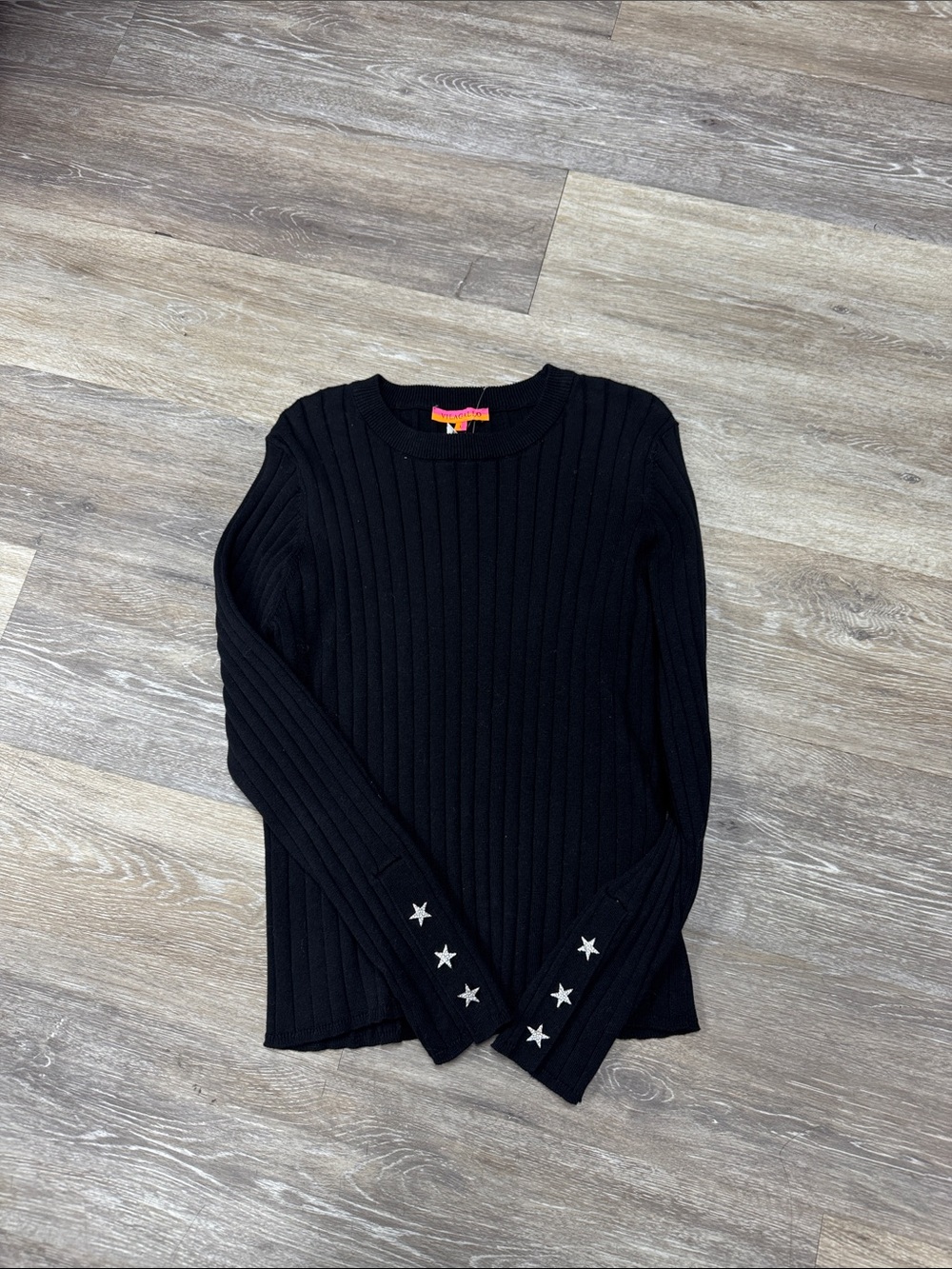 Vilagallo Black Ribbed Crewneck Sweater with Silver Star Sleeve Accents
